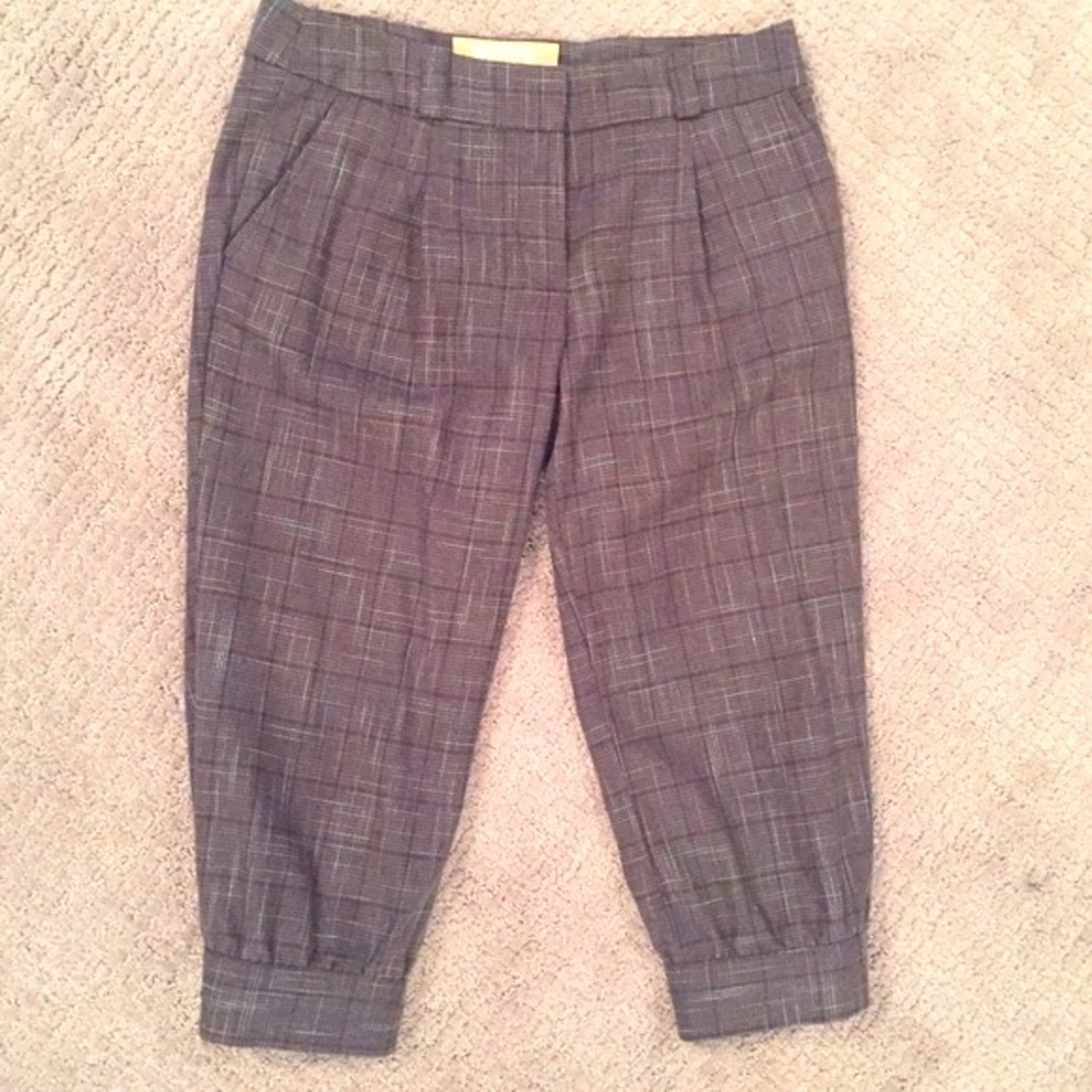 Plaid Crop Trousers Gray Pleated Cuffed Ankle Dress Pants
